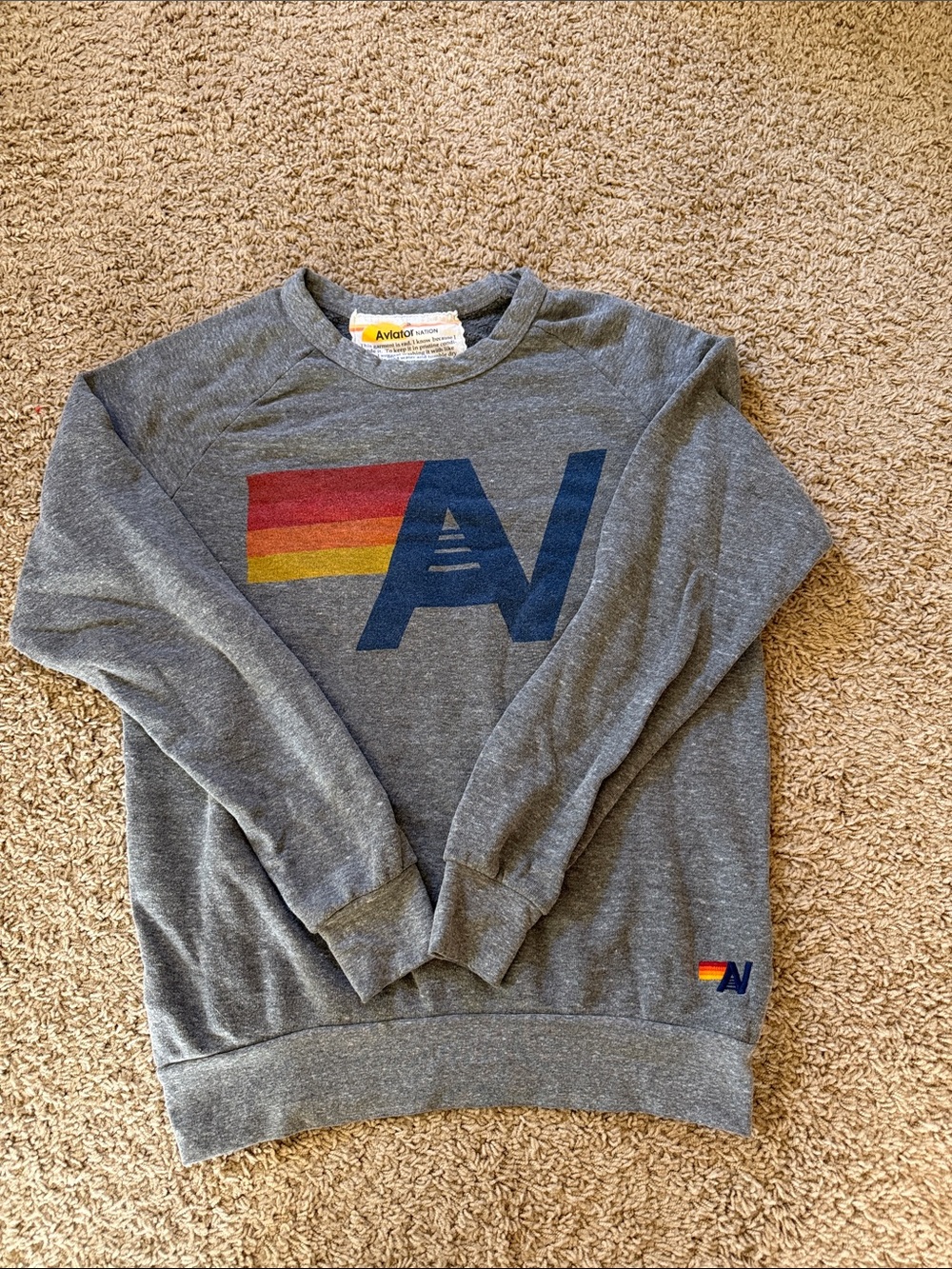 Aviator Nation Gray Crewneck with Retro Rainbow AV Logo